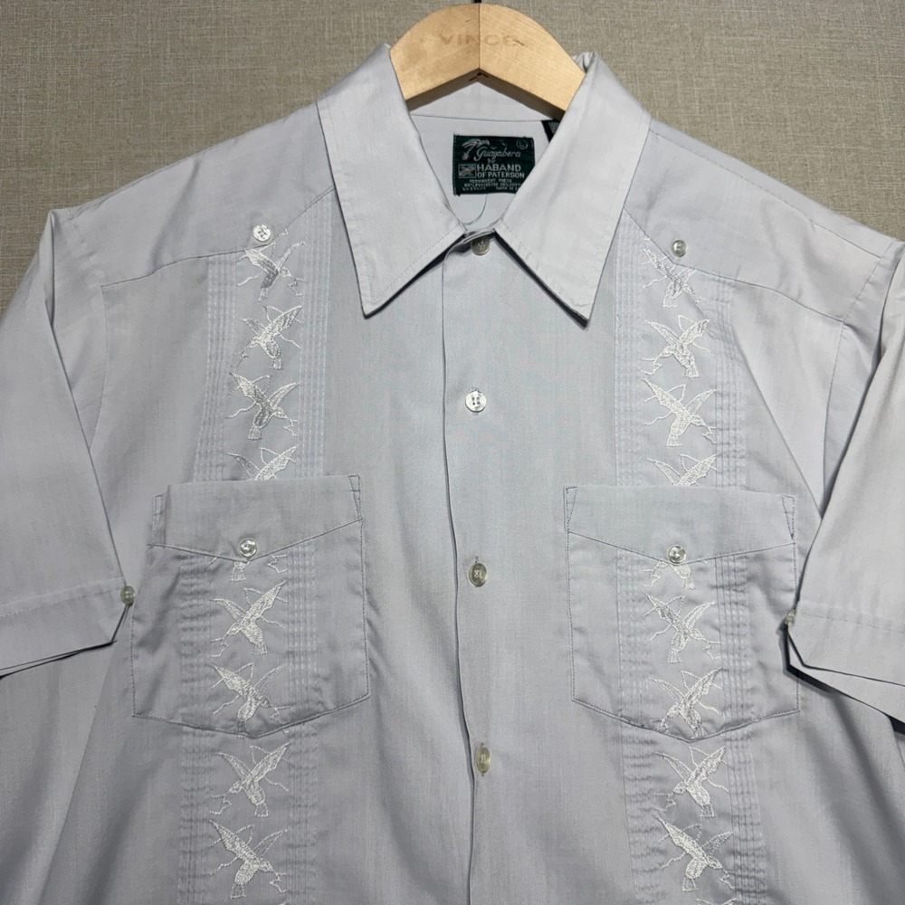 Haband Guayabera Shirt Mens Large Light Blue SS Embroidered 4 Pocket Cuban Style